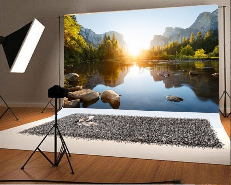 AOFOTO 7x5ft Nature Mountain Forest Backdrop Valley Sunrise Landscape Photography Background Pine Tree River Natural Park Lake Scenic Outdoor Hiking Camping Vinyl Wallpaper Portrait Photoshoot Prop - Image 2